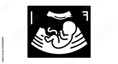 Monochrome ultrasound silhouette of baby in womb: pregnancy and medical icon