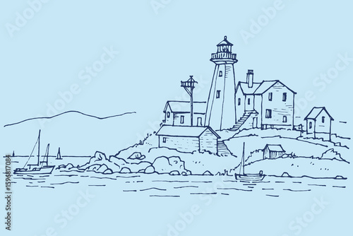 Lighthouse and coastal village ink sketch vector illustration