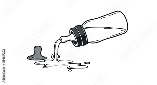 Monochrome baby bottle spilling liquid with detachable nipple design