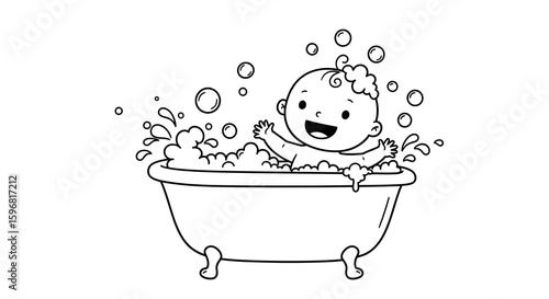 Cute baby enjoying bath time in bubbly bathtub black and white cartoon