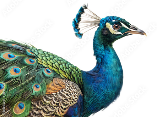 Close up shot of a peacock showing its vibrant blue neck and green feathers in a dark background