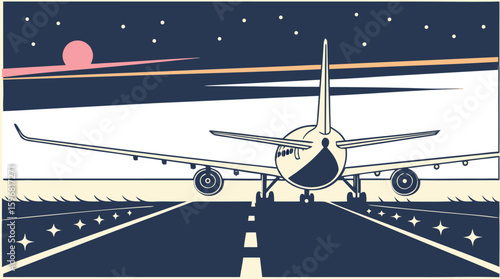 A lone modern aircraft taxiing on a smooth runway at twilight, designed in clean vector style.