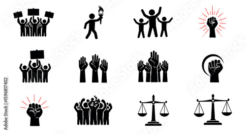 Protest symbol set including fists and scales of justice in black and white