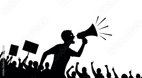 Silhouette of a crowd protesting with megaphone and signs in black and white