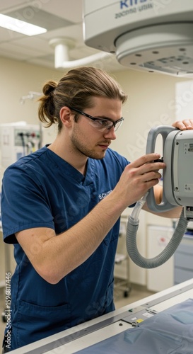 Young man in scrubs adjusts medical X-ray machine