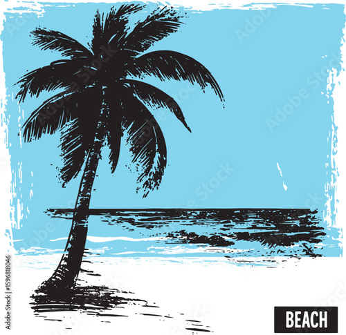 Paint brush stroke art vector design of palm on beach