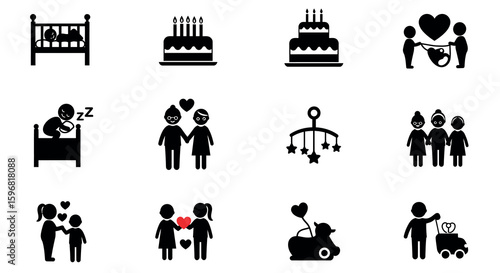 Family and celebration silhouettes: birthdays, parenthood, and togetherness icons
