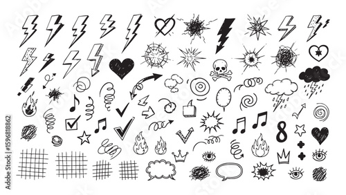 Hand-Drawn Vector Elements Collection A Doodles Set of Lightning, Hearts, and More for Creative Designs