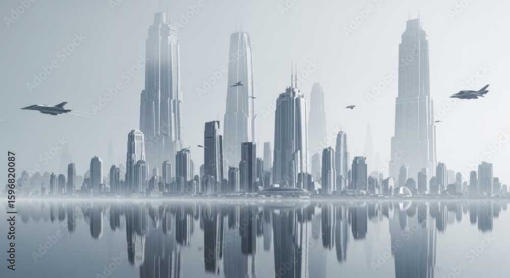 Obraz premium Futuristic cityscape with jets flying over reflective water