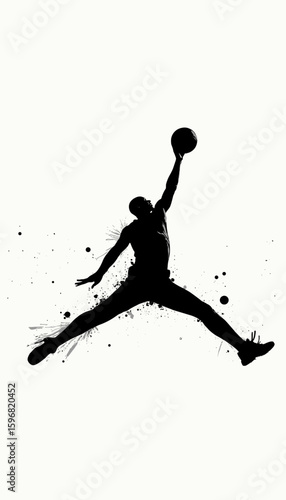 Silhouette of a basketball player executing a slam dunk with dynamic energy and splashes on a light background
