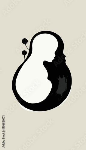 Silhouettes of an embryo curled in a mother's womb, emotional, monochrome illustration, copy space