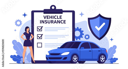 Adobe illustrator vector flat style illustration of vehicle insurance with a woman agent, policy checklist, car, and shield, ideal for automotive protection concepts