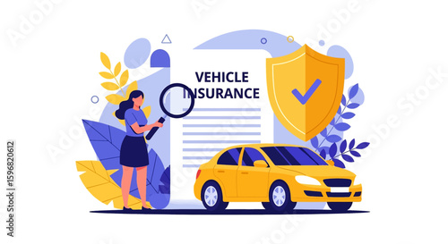 Adobe illustrator vector flat style illustration of vehicle insurance policy examination with a woman, car, magnifying glass, and shield, ideal for secure automotive concepts
