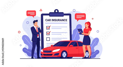 Adobe illustrator vector flat style illustration of car insurance agents with a policy checklist and vehicle, ideal for automotive protection and service concepts