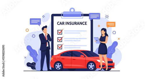 Adobe illustrator vector flat style illustration of car insurance agents with a policy checklist and vehicle, ideal for automotive protection and service concepts