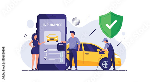 Adobe illustrator vector flat style illustration of car insurance with agents, a smartphone app, and vehicle service, ideal for automotive protection concepts