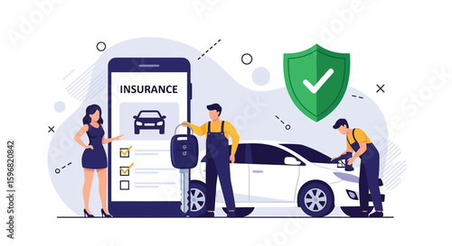 Adobe illustrator vector flat style illustration of car insurance with agents, a smartphone app, and vehicle service, ideal for automotive protection concepts