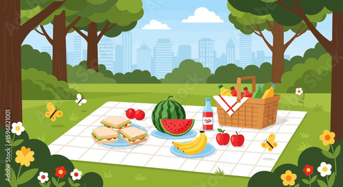 Adobe illustrator vector flat style illustration of a delightful picnic scene in a park with food, basket, and city skyline, perfect for leisure and outdoor concepts