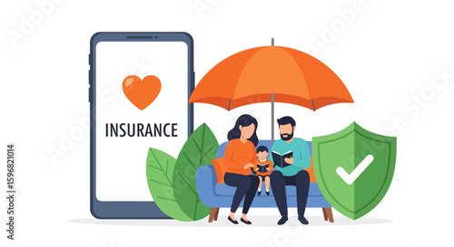Adobe illustrator vector flat style illustration of a family under an umbrella with a shield and insurance app, representing protection and life insurance concepts