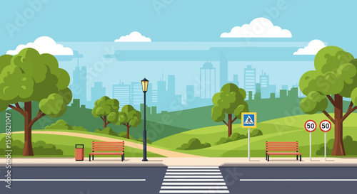 Adobe illustrator vector flat style illustration of a long road in a city park leading to skyscrapers, showcasing urban nature and open spaces