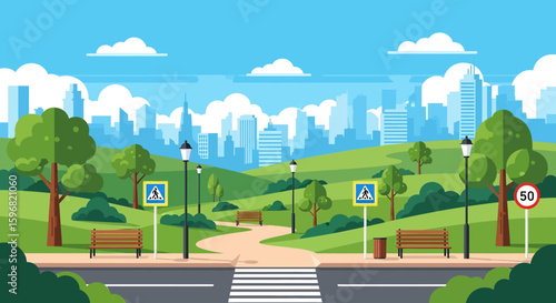 Adobe illustrator vector flat style illustration of a long road in a city park leading to skyscrapers, showcasing urban nature and open spaces