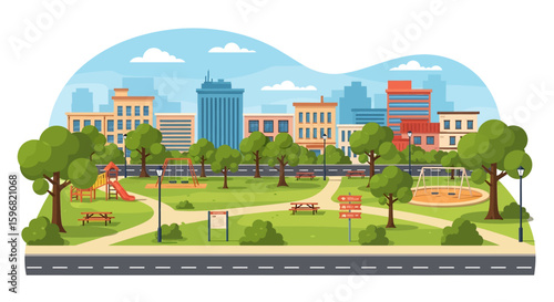 Adobe illustrator vector flat style illustration of a long road in a city park leading to skyscrapers, showcasing urban nature and open spaces