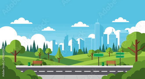 Adobe illustrator vector flat style illustration of a long road in a city park leading to skyscrapers, showcasing urban nature and open spaces