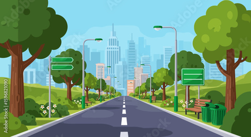 Adobe illustrator vector flat style illustration of a long road in a city park leading to skyscrapers, showcasing urban nature and open spaces