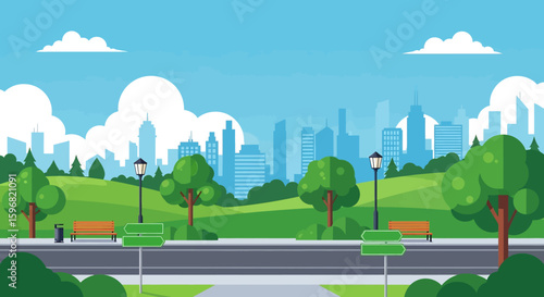 Adobe illustrator vector flat style illustration of a long road in a city park leading to skyscrapers, showcasing urban nature and open spaces