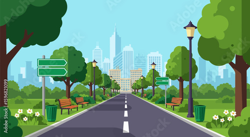 Adobe illustrator vector flat style illustration of a long road in a city park leading to skyscrapers, showcasing urban nature and open spaces