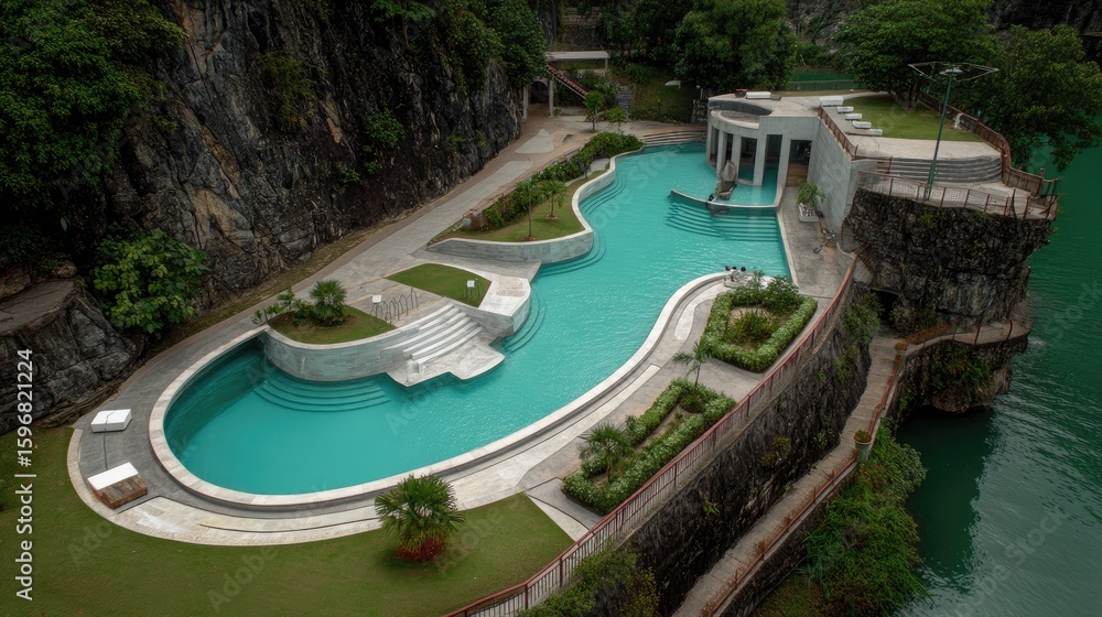 Naklejka premium Elevated view of a modern pool complex nestled within a rocky landscape.