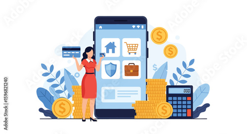 Adobe illustrator vector flat style illustration of a woman managing finances with a mobile app, perfect for banking, budgeting, and online payment concepts