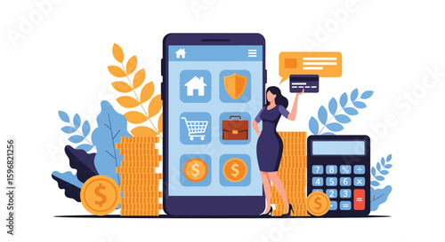 Adobe illustrator vector flat style illustration of a woman managing finances with a mobile app, perfect for banking, budgeting, and online payment concepts