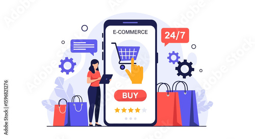 Adobe illustrator vector flat style illustration of a woman online shopping on a smartphone, ideal for e-commerce, mobile apps, and digital retail concepts