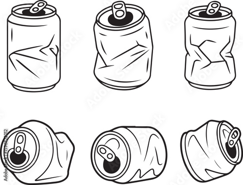 Set of line art drawing dented and crushed aluminum beverage cans
