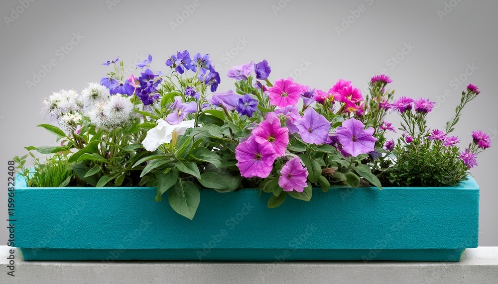 Fototapeta premium teal pink and white flowers in cement planter solanum leonotis and gilia
