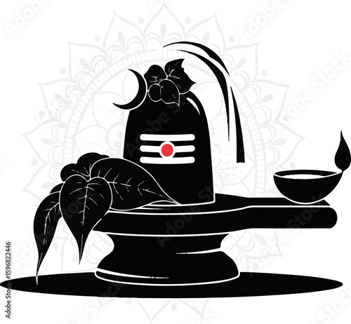 Shiva Lingam with Bael Leaves and Oil Lamp | Hindu God Symbol Vector for Religious Posters, Festival Greetings and Spiritual Designs