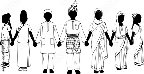 Diverse Group of People Holding Hands Wearing Traditional Clothing | Unity and Inclusion Concept for Cultural Celebrations, Diversity Marketing and Education