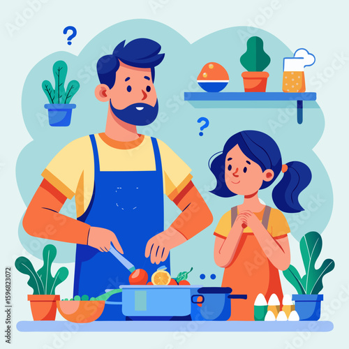 Father and daughter happily cooking healthy food together in the kitchen