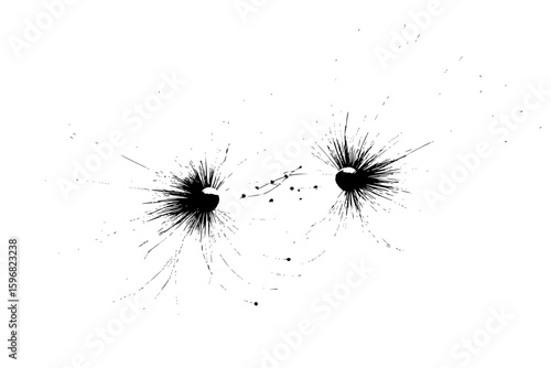 Abstract black and white vortex design with swirling lines and scattered speckles on a white background