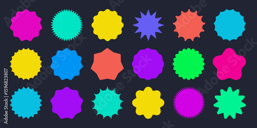 Bright neon vector badge collection. Playful blank seals. Starburst scalloped wavy circle frames isolated on dark background. Great for stickers, product label, promo design, sale tags, marketing ads