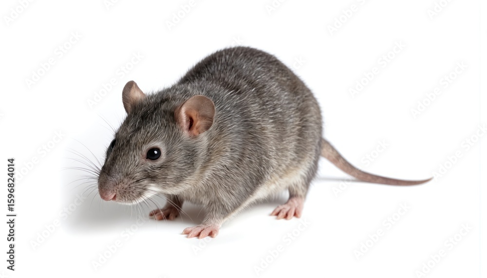 Gray rat on all fours with extended front paws and resting back paws on gray surface. Body oriented towards bottom right corner, creating balance. Furry, small, rodent, pest animal. Gray rat on all fours with extended front paws and resting back paws on gray surface. Body oriented towards bottom right corner, creating balance. Furry, small, rodent, pest animal.