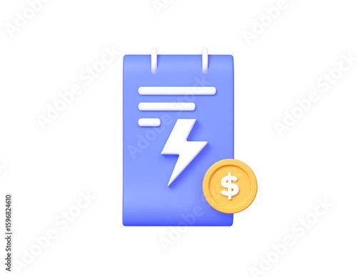 3D Electricity Bill Icon- Utility Payment and Energy Cost Illustration isolated on transparent background.