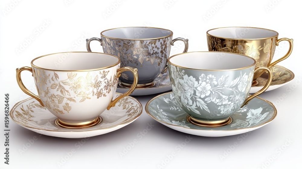 Fototapeta premium a set of matching tea cups on a white isolated background, delicate and elegant design