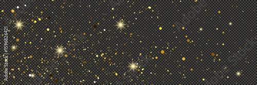 Gold glittering dust with stars on transparent backdrop