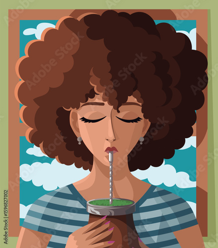 cheerful woman drinking yerba mate hot infusion