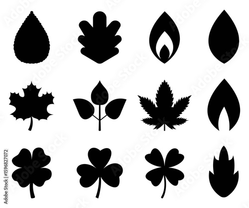 Fototapeta Naklejka Na Ścianę i Meble -  set of autumn leaves silhouette black and white nature clip art illustration