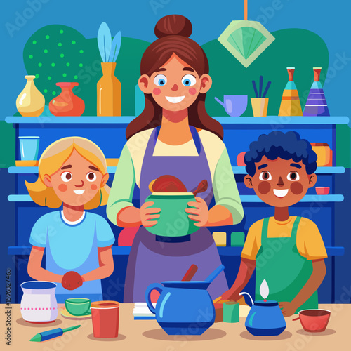 A mother and her two children are happily engaged in a pottery class together