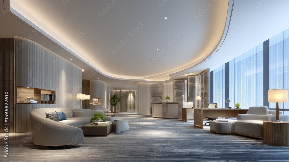 Modern hotel lobby interior design with curved walls and large windows.