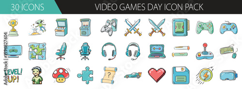 Cartoon Video Game Icon Set Collection - Colorful cartoon-style icons representing video games, gear, characters, and controls — ideal for app design, UI, or infographics.